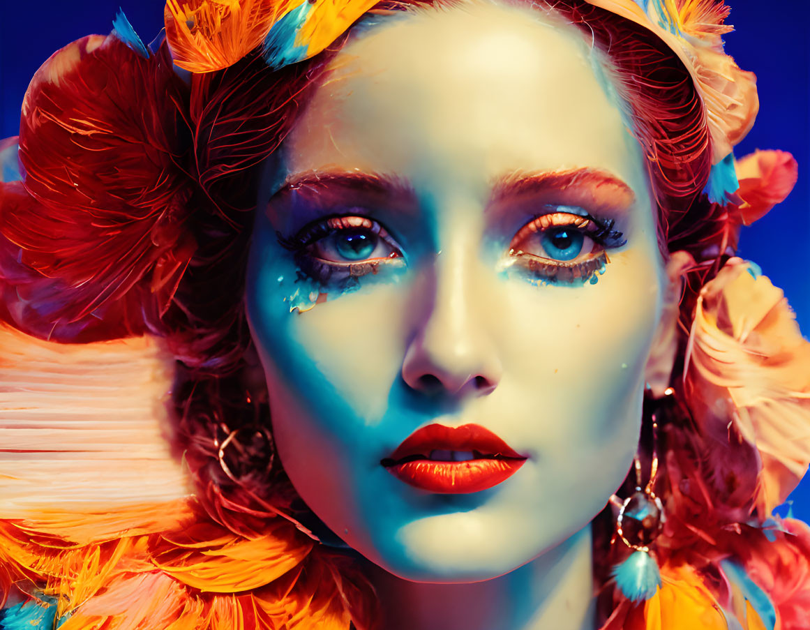 Colorful woman with vibrant makeup and feathers on blue background