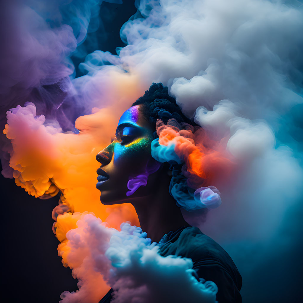 Portrait of a person with blue and orange light, white smoke, dark background