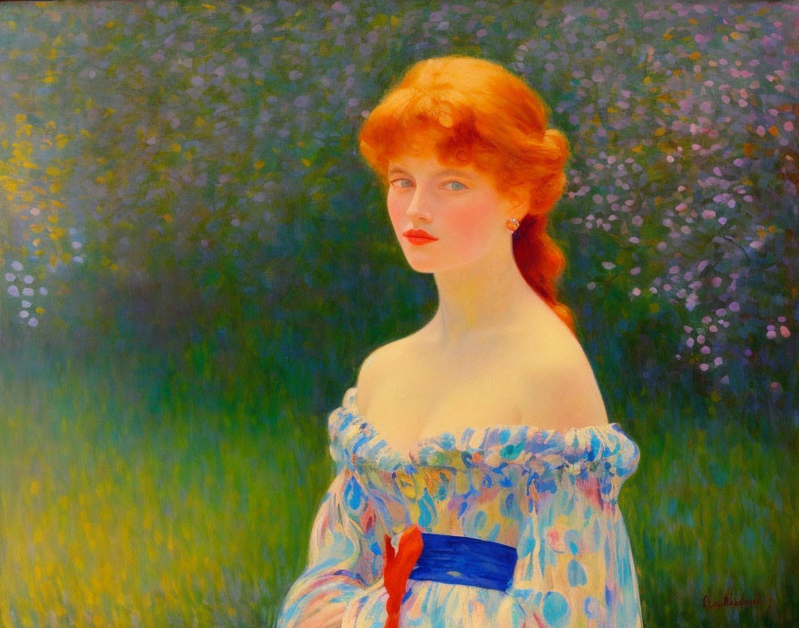 Portrait of a young woman in white dress with red hair in garden setting