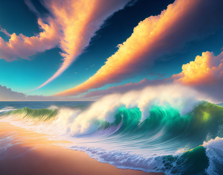 Colorful beach scene with dynamic wave, orange skies, sunset glow, and flying birds.