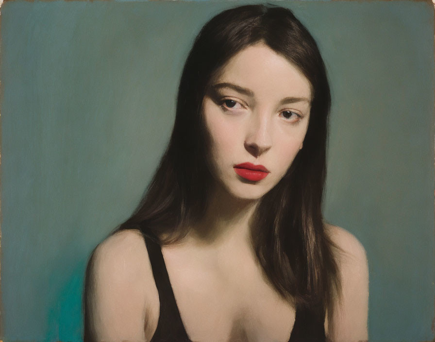 Portrait of young woman with pale skin, dark hair, red lipstick, black top, teal background