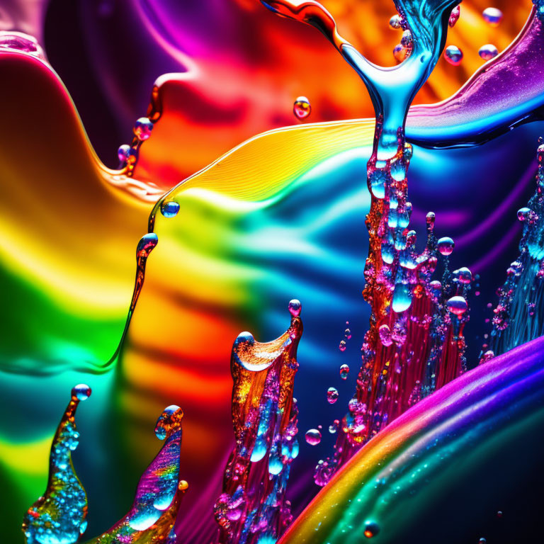 Colorful liquid art: dynamic shapes, droplets, and splashes on rainbow backdrop