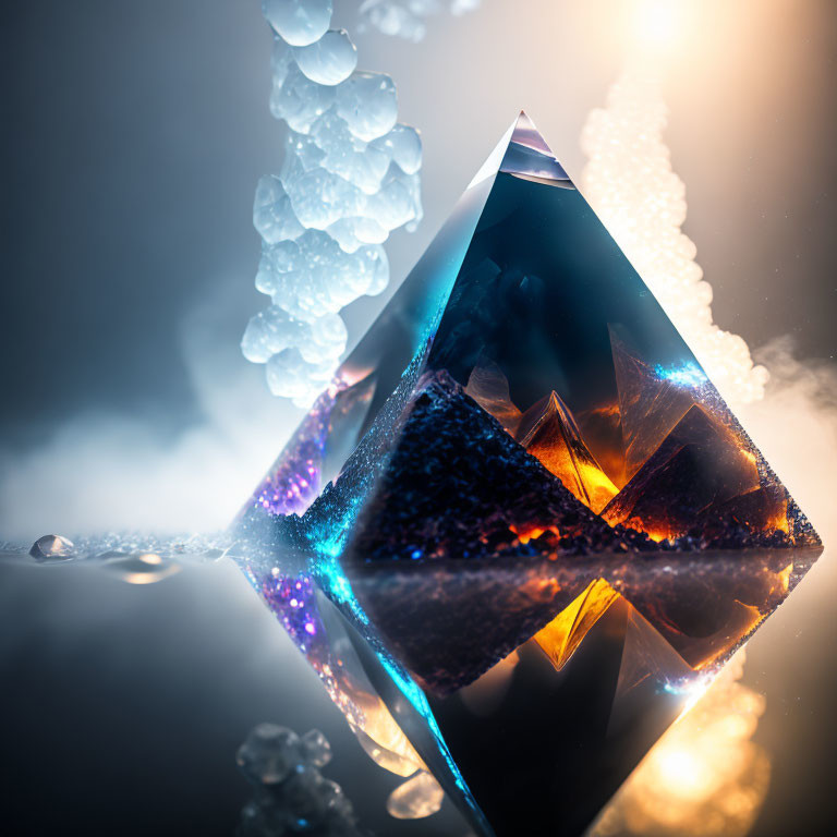 Intricate Crystal Pyramid Glowing Blue and Orange amid Smoke