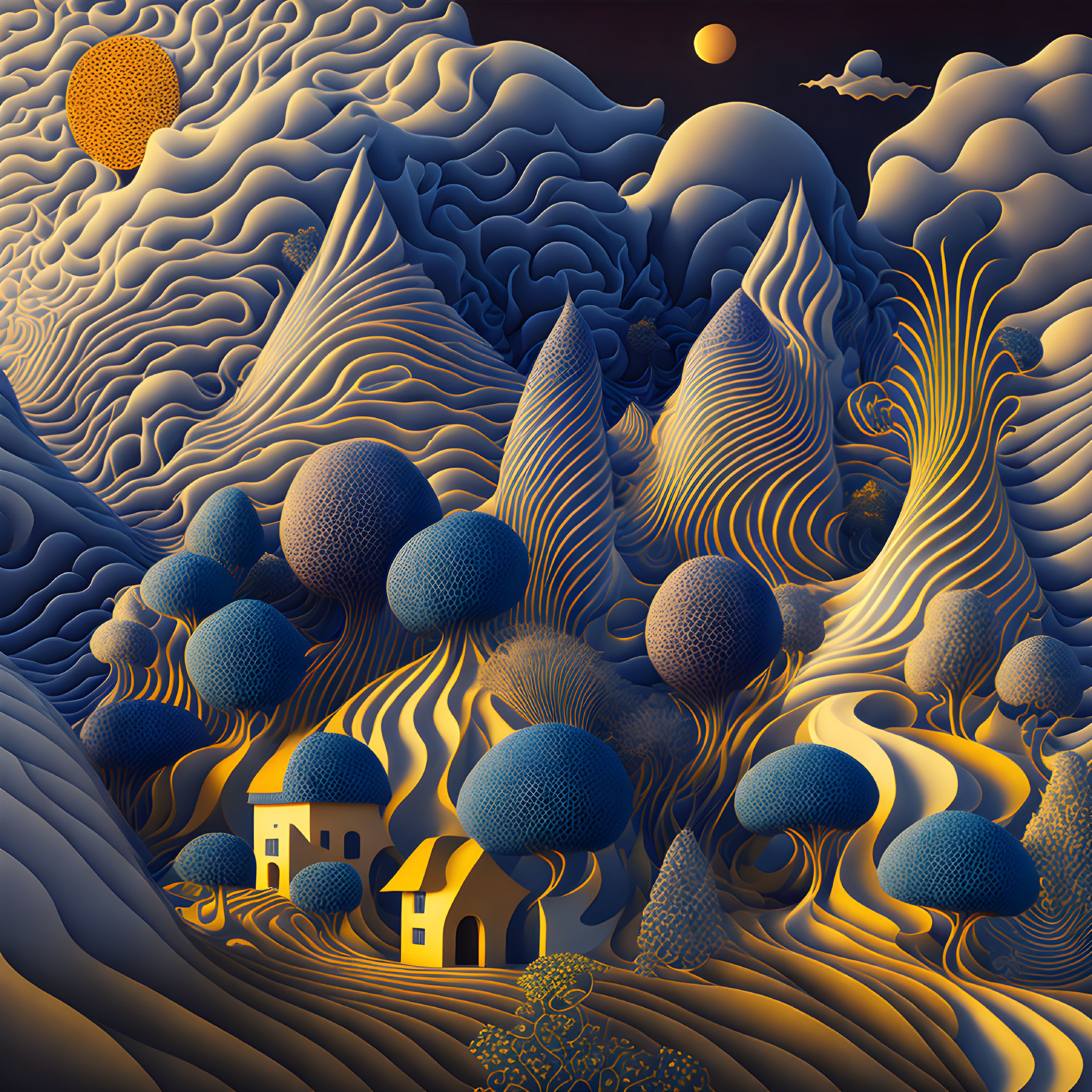 Surrealist landscape with spherical trees and celestial bodies at dusk