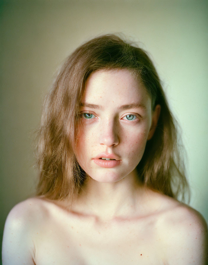 Portrait of a young woman with freckles and tousled brown hair