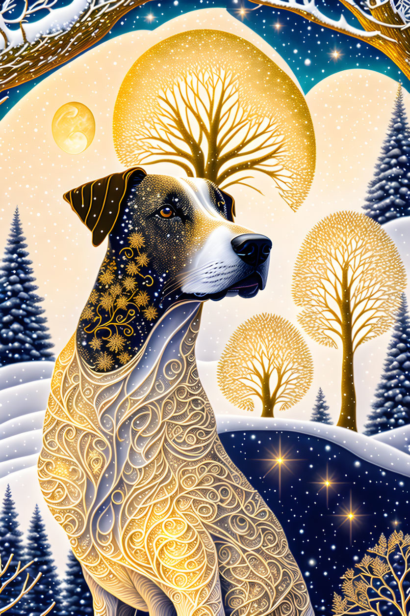 Intricate patterned dog in snowy landscape with golden trees & starry sky