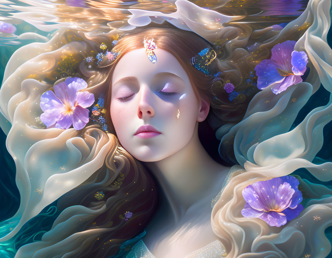 Woman with Flower-Adorned Hair Floating in Tranquil Water