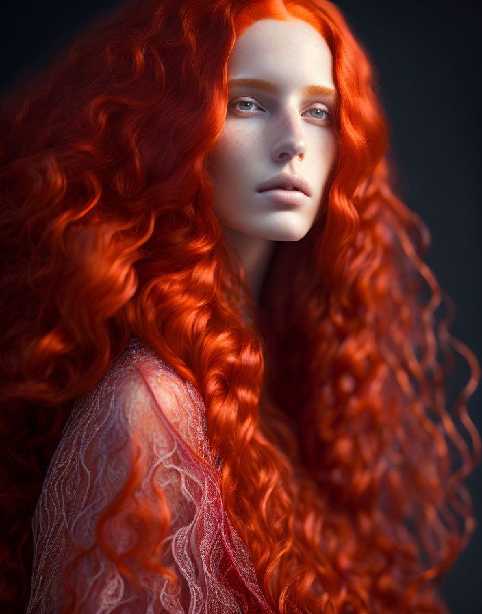 Vivid red curly hair person in red lace garment portrait