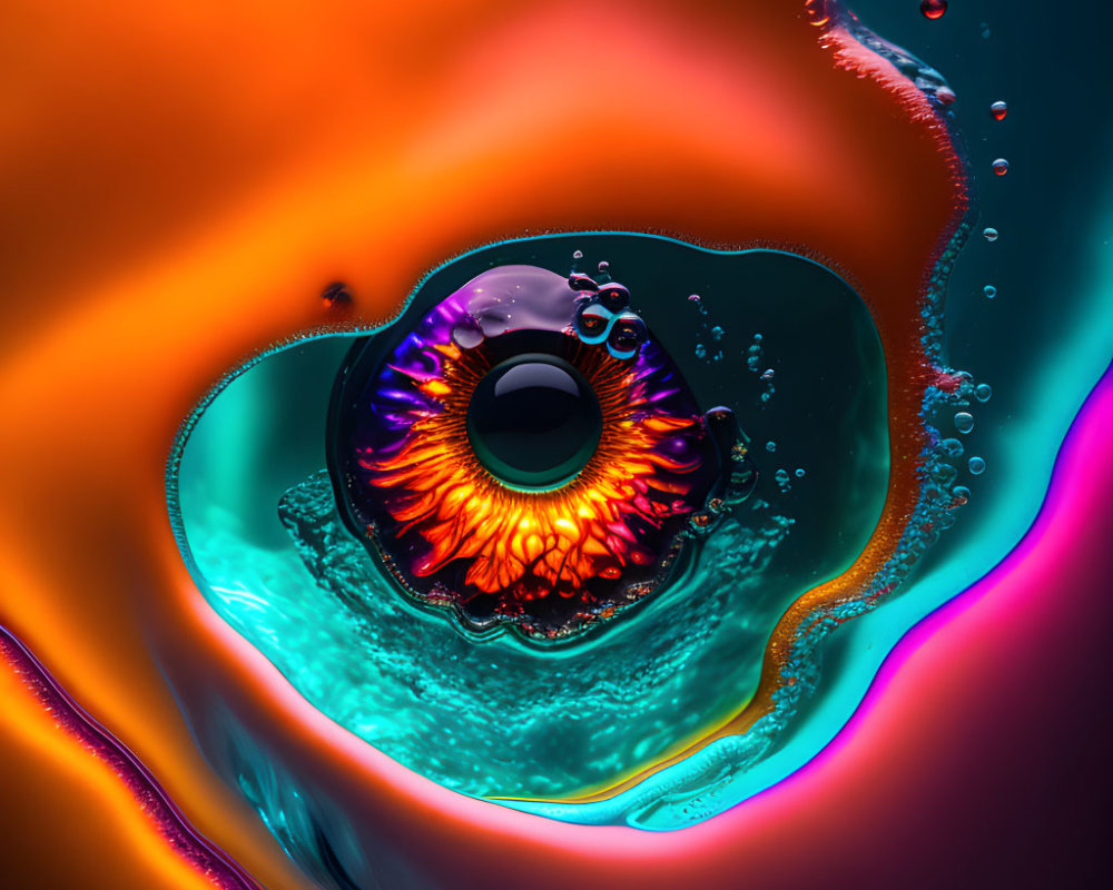 Colorful Macro Photograph: Liquid Drop with Swirling Orange to Purple Colors