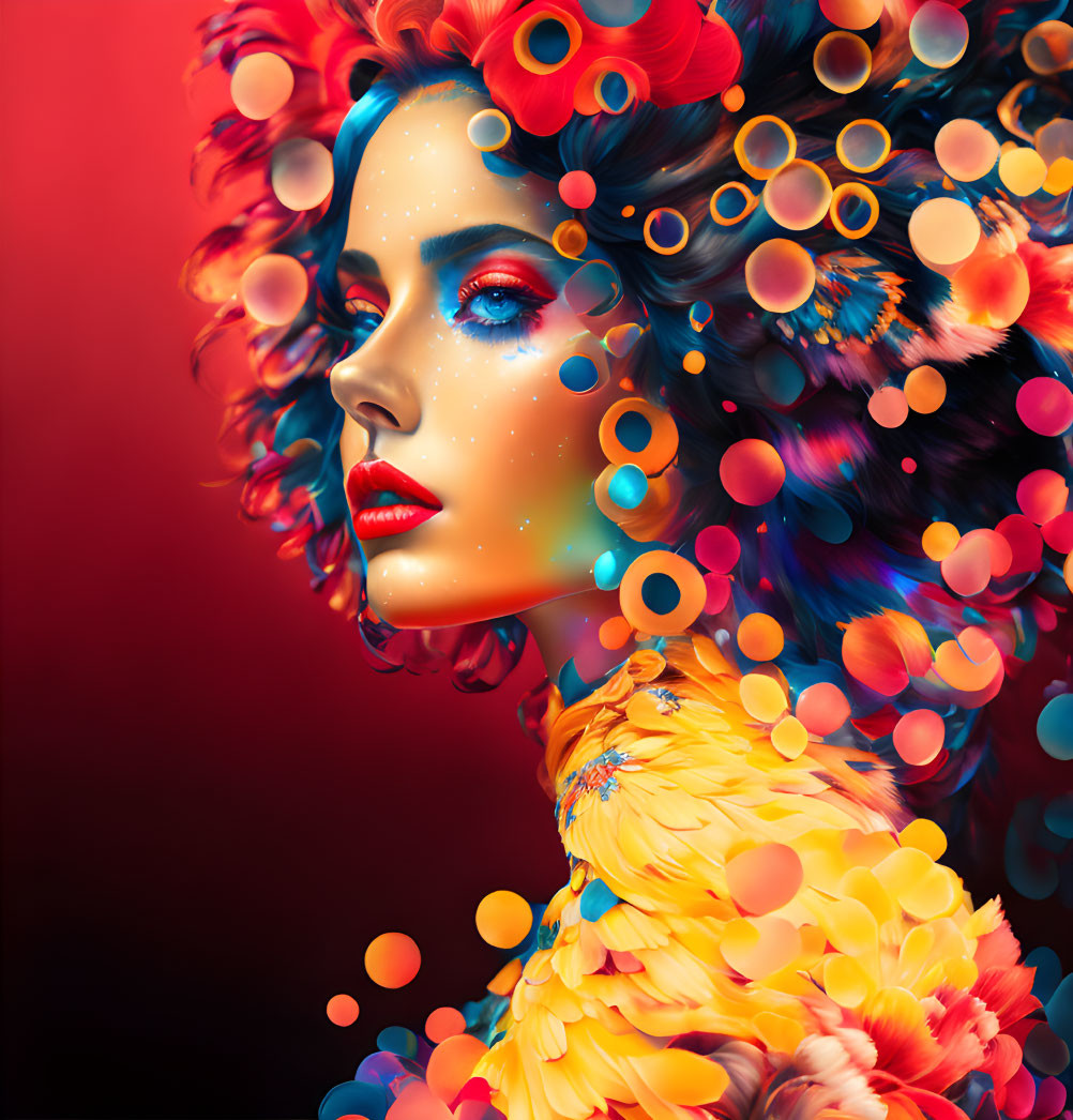 Colorful digital portrait of a woman with blue eyes and vibrant, multicolored circles merging into feather