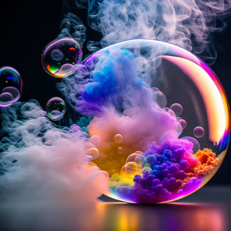 Colorful smoke and vibrant soap bubbles creating mystical atmosphere