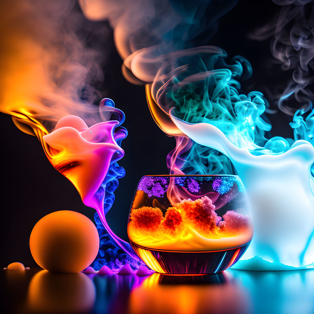 Colorful smoke swirls above glowing bowls in mystical display