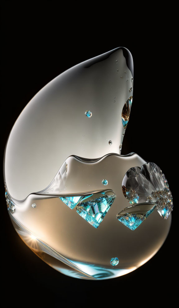 Crystal Glass Sculpture with Gems Reflecting Light on Black Background