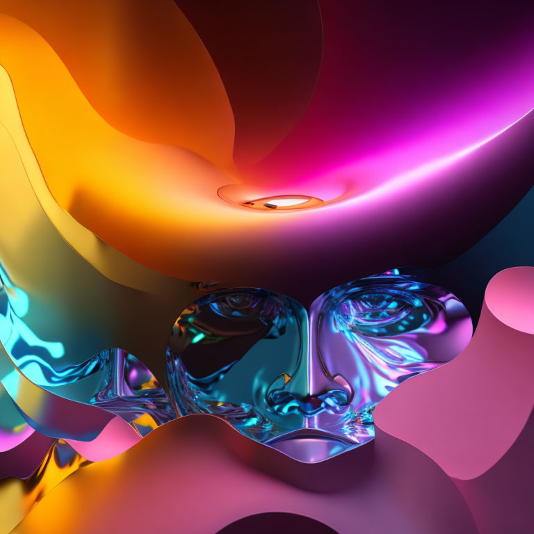 Colorful abstract image with wavy shapes and metallic reflective face in surreal blend.