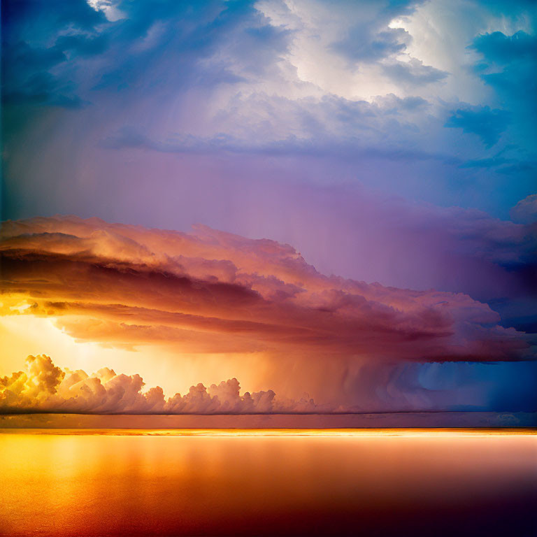 Colorful Sunset Over Calm Water with Layered Clouds