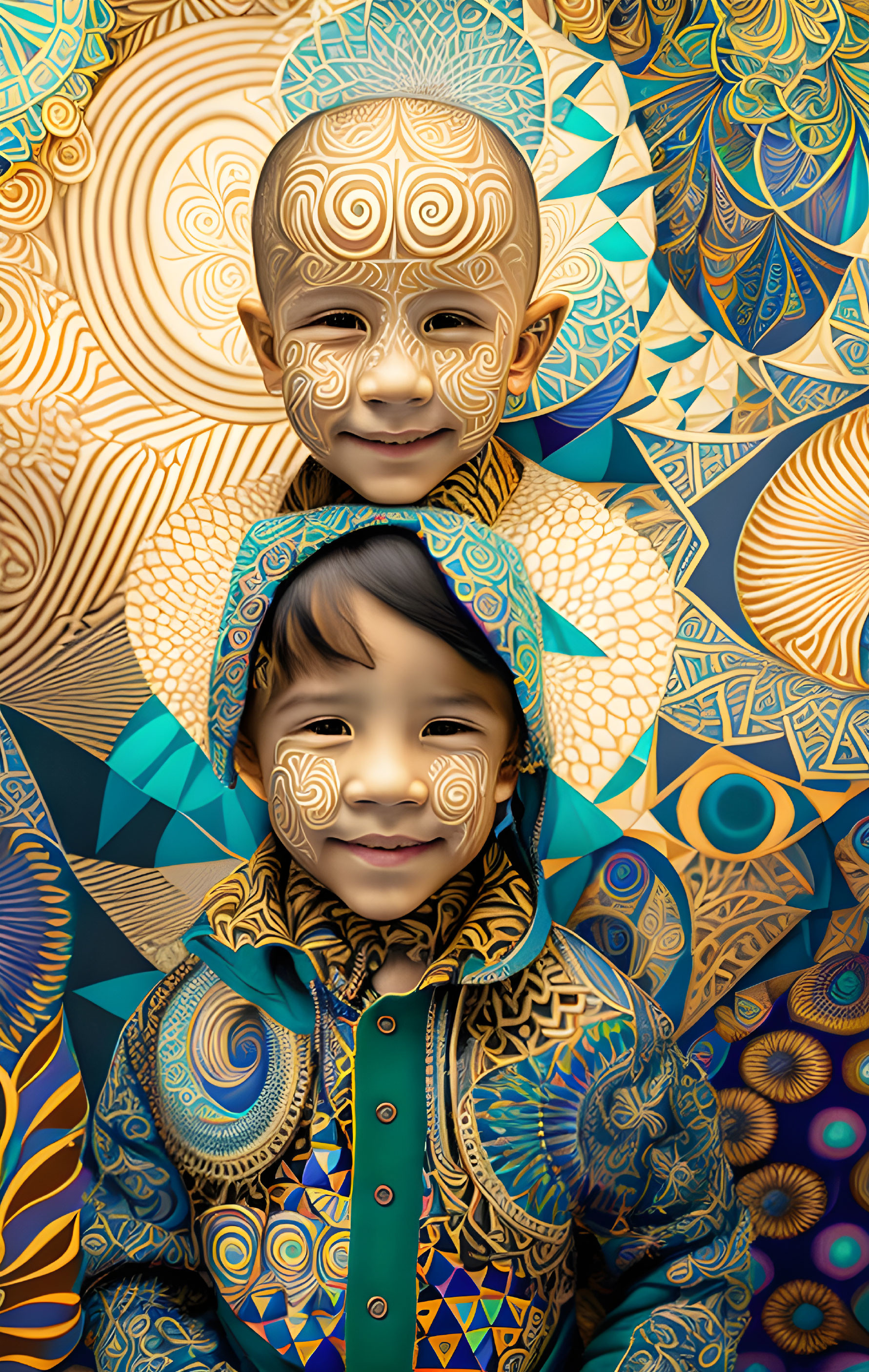 Smiling children with golden patterns on faces in ornate background