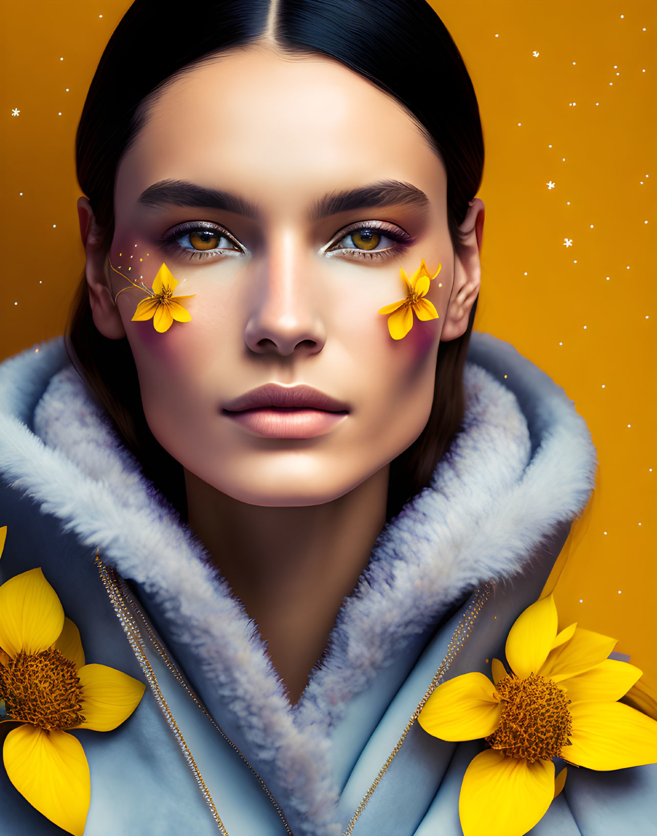 Woman with Sunflower Accessories in Blue Coat on Starry Background