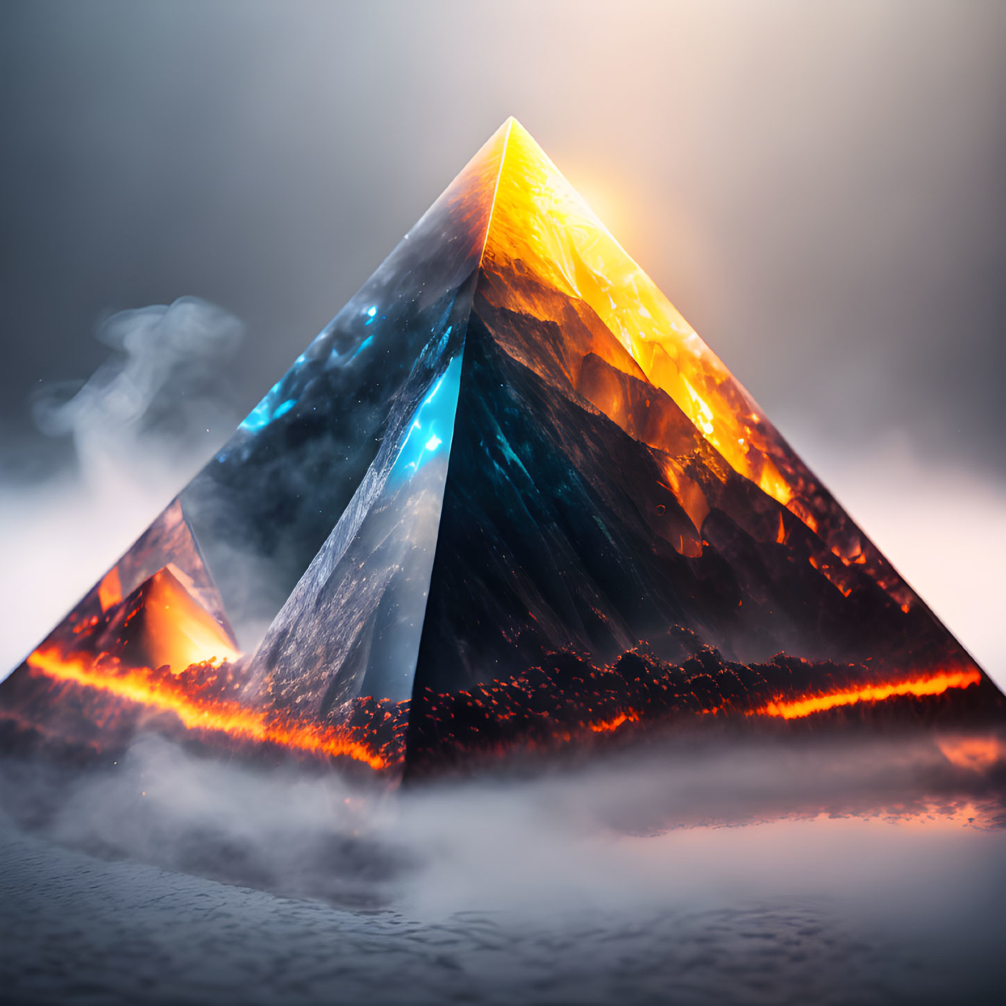 Translucent pyramid with fiery lava base and nature elements in misty background