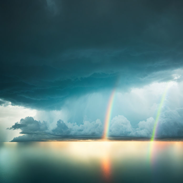 Dark storm clouds and double rainbow over calm seascape.