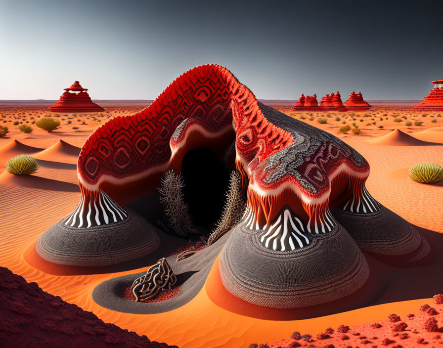 Vibrant red patterns in surreal desert landscape