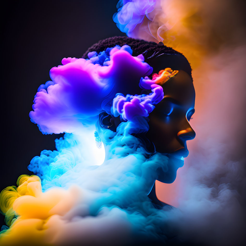 Colorful Smoke-Like Swirls Around Person's Head on Dark Background