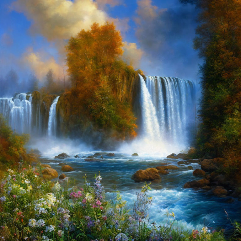 Autumn waterfall with cascades, trees, and wildflowers in scenic landscape