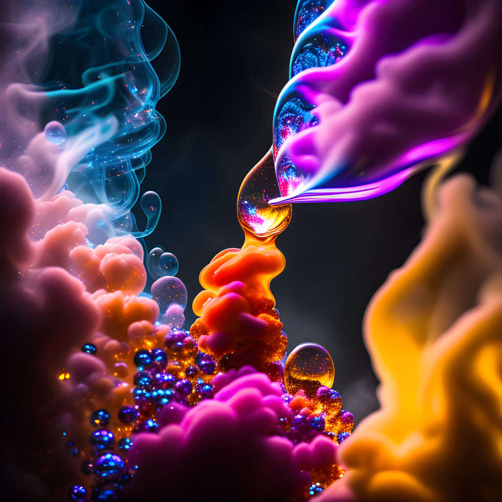 Vivid Blue and Orange Liquid Macro Shot with Swirling Smoke