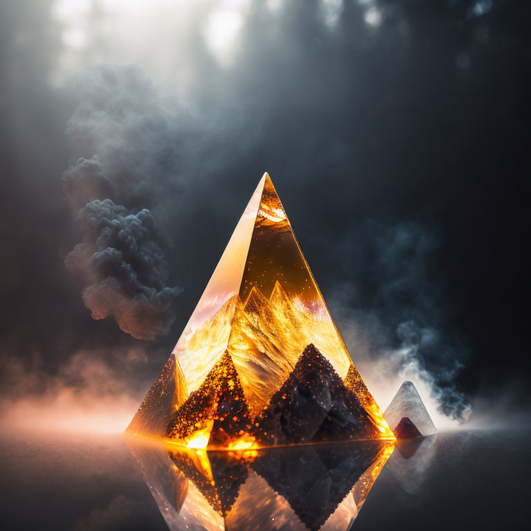 Translucent glowing pyramid with fiery core in misty backdrop