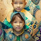 Smiling children with golden patterns on faces in ornate background