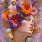 Vibrant digital art: Two women with flower-adorned hair on pastel backdrop