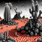 Monochrome surreal landscape with stylized cacti and tree-like forms