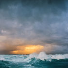 Stormy Sea with Dark Clouds and Bright Rainbow Over Choppy Waves