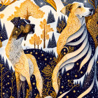 Illustration of two dogs with gold patterns on whimsical night sky backdrop.