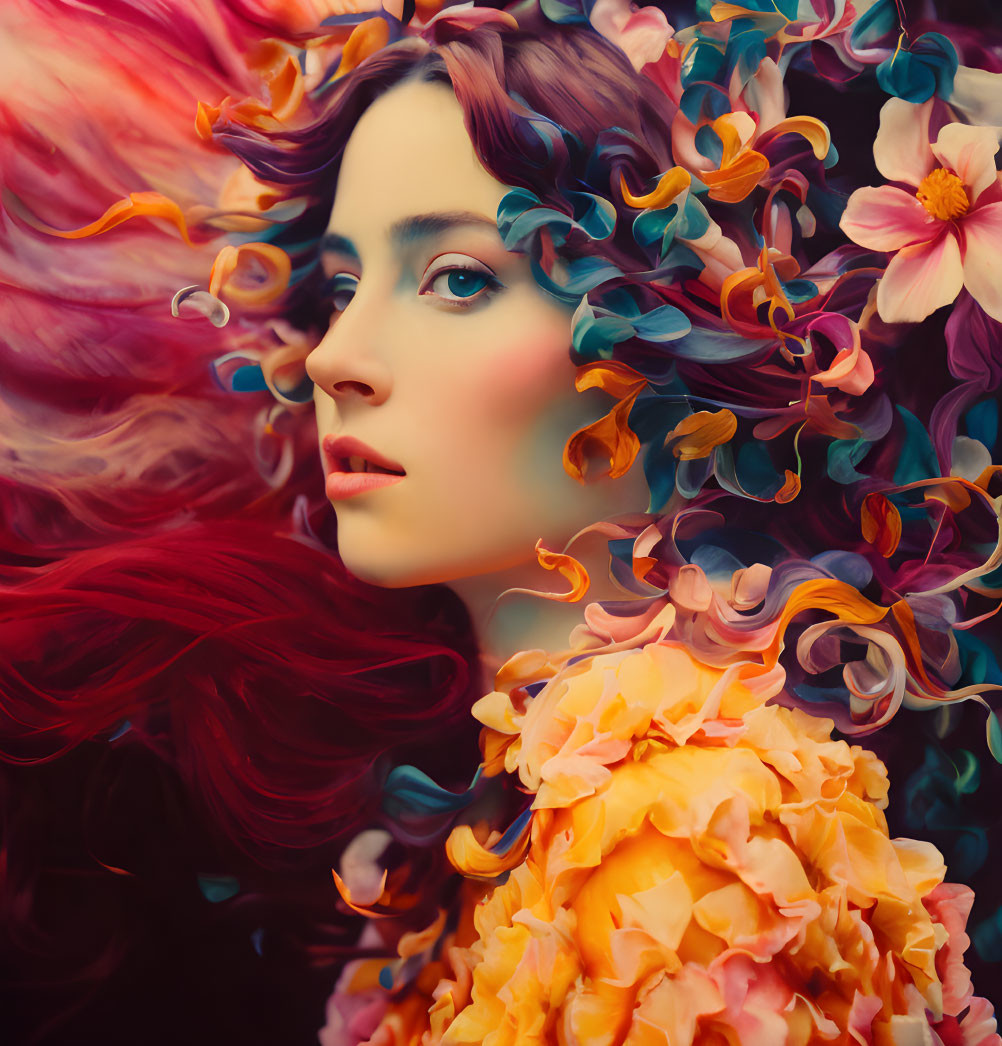 Vibrant red-haired woman in colorful floral setting