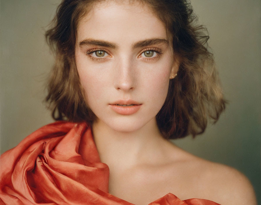 Portrait of a person with short brown hair and green eyes in red scarf