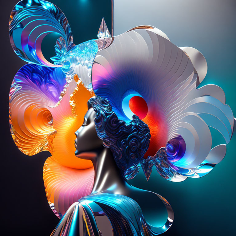 Metallic female figure with colorful fractal patterns in digital artwork