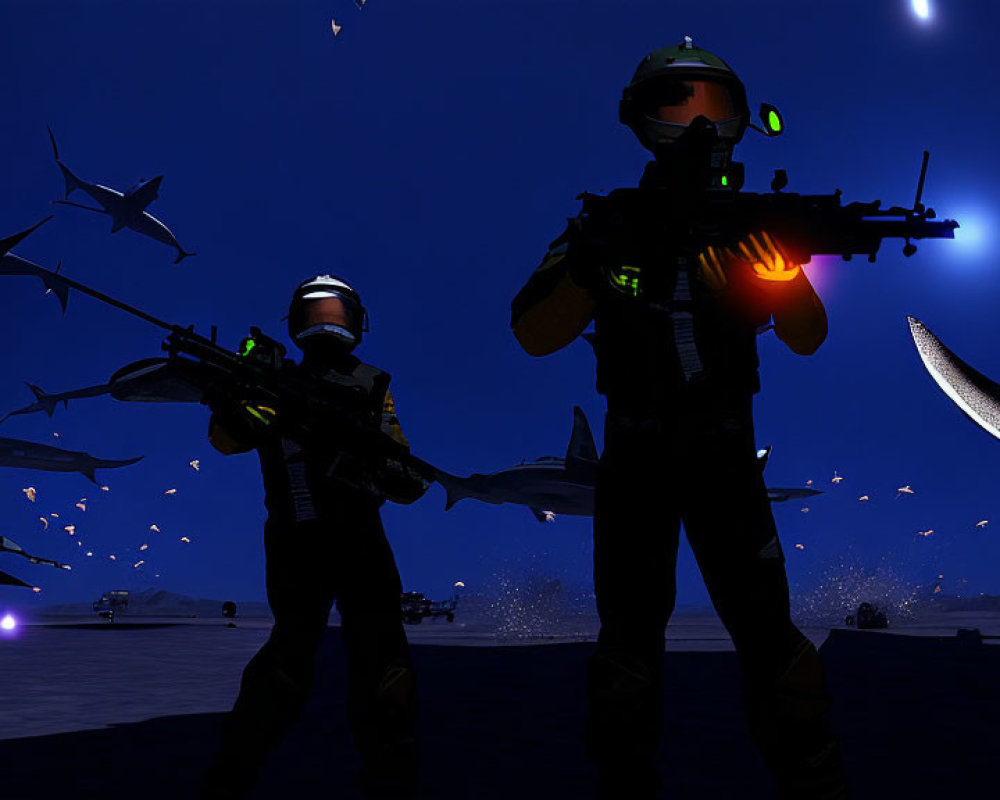 Two soldiers in hi-tech gear at night with flying sharks and glowing embers.