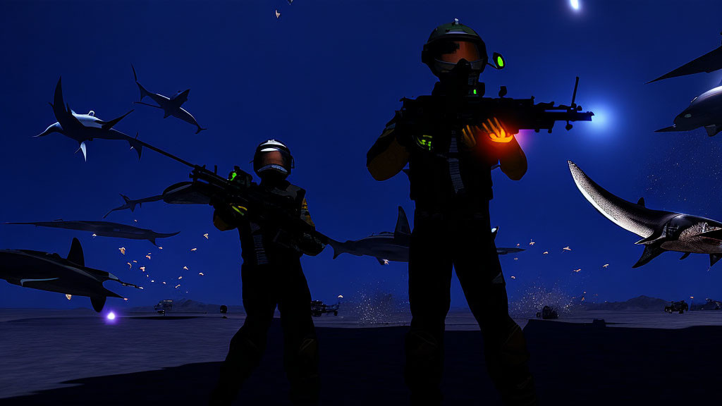 Two soldiers in hi-tech gear at night with flying sharks and glowing embers.