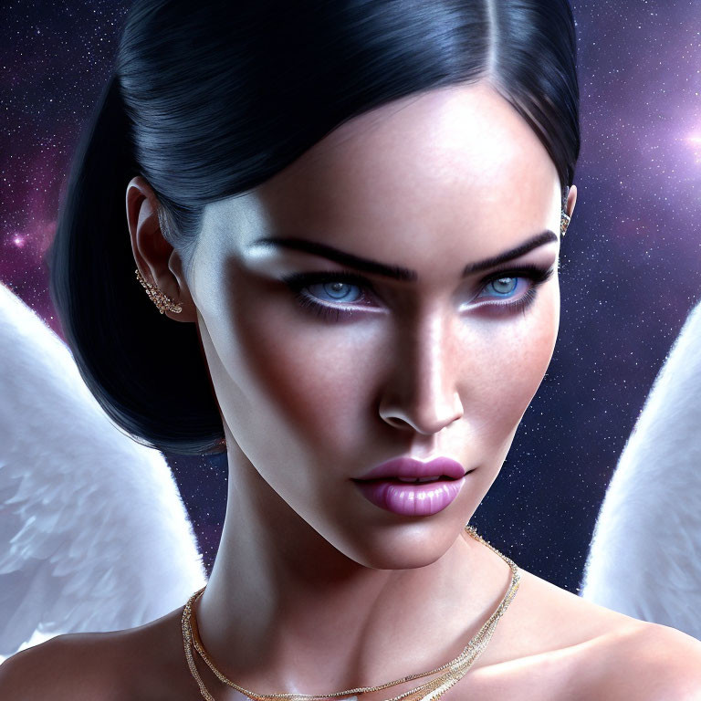 Digital artwork: Woman with dark hair, blue eyes, and angel wings in cosmic setting