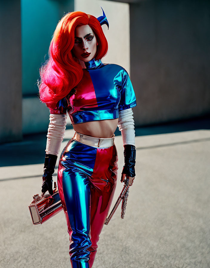 Vibrant blue and red costume with ombre hair and translucent red bag pose in sunlit