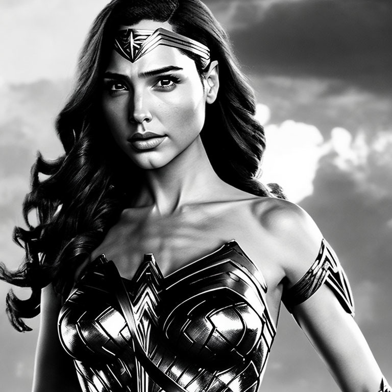 Monochrome Image: Confident Woman in Stylized Wonder Woman Costume