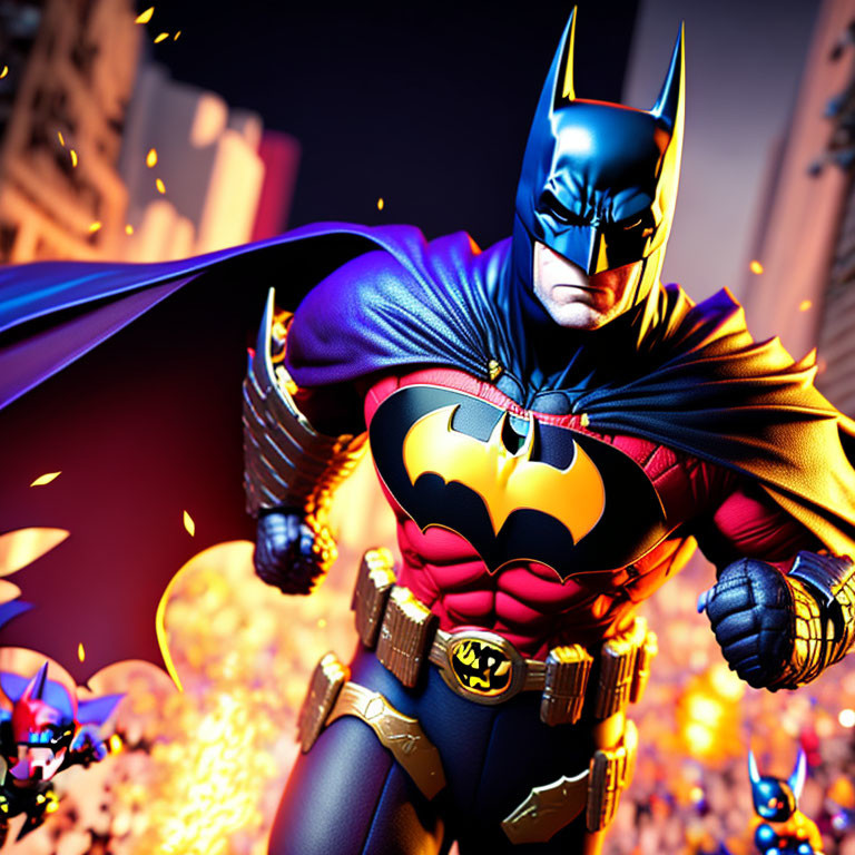 Dynamic Batman Image in Full Costume Mid-Action with Nocturnal Gotham City Background