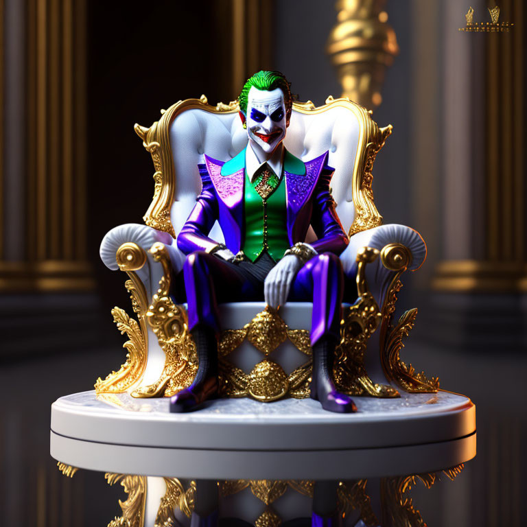 Stylized Joker character on golden throne in purple and green outfit