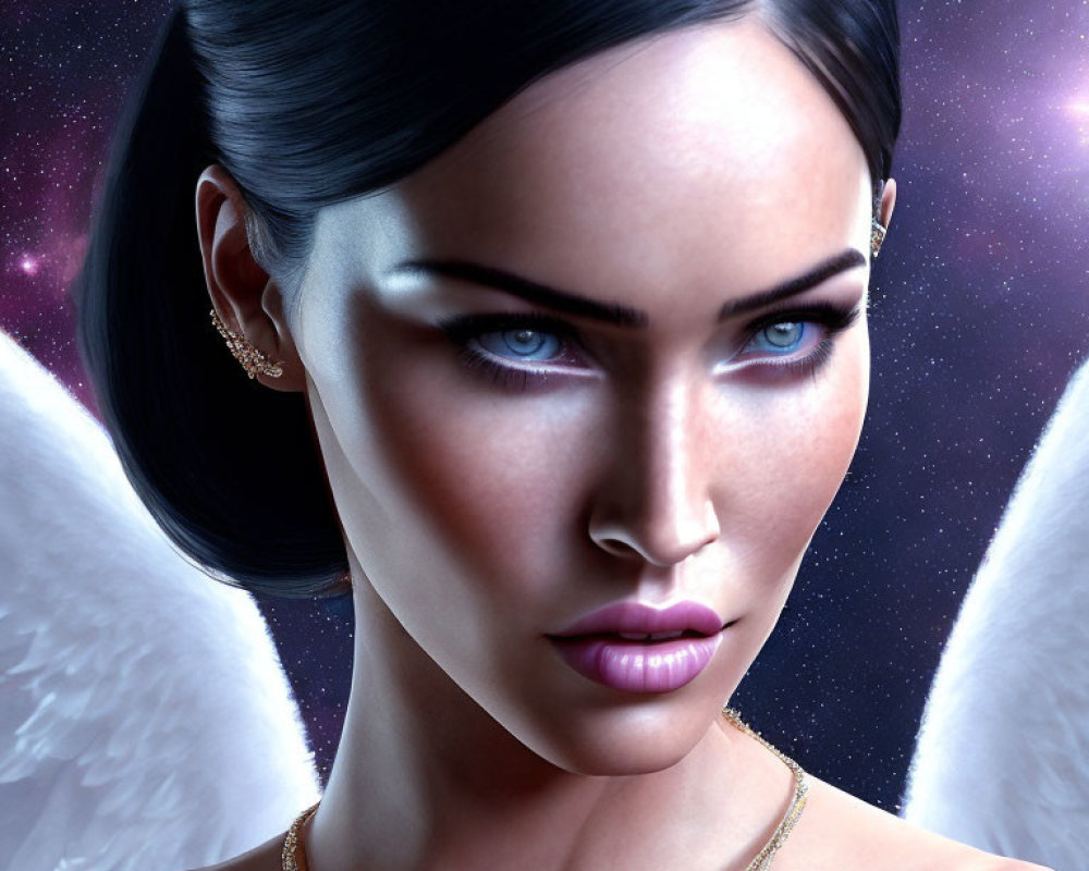 Digital artwork: Woman with dark hair, blue eyes, and angel wings in cosmic setting