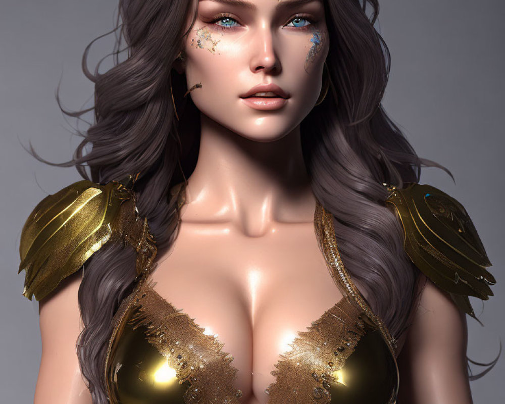 Digital artwork of a woman with long curly hair, blue eyes, and gold facial details in golden armor