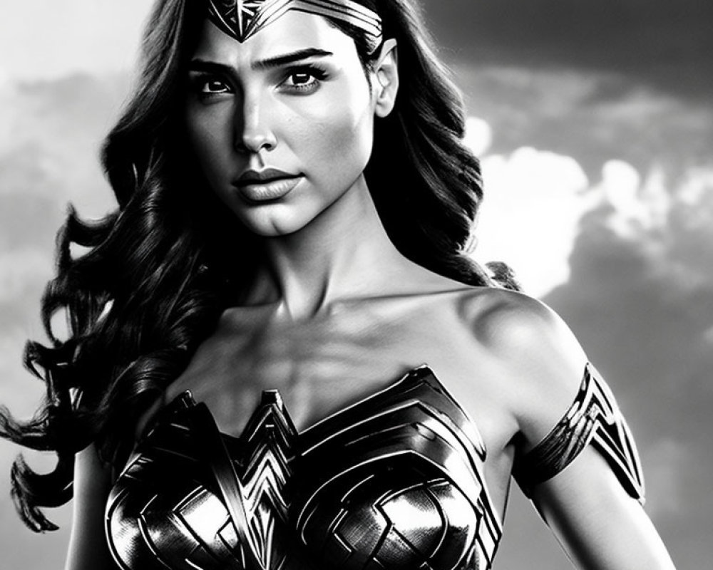 Monochrome Image: Confident Woman in Stylized Wonder Woman Costume