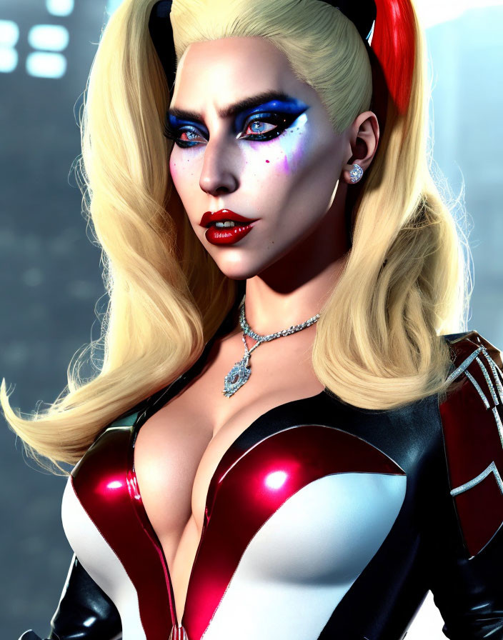 Digital artwork featuring female character with blue eyes, harlequin makeup, blonde hair with red and black