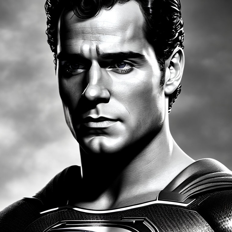 Grayscale portrait of male superhero with emblem on chest