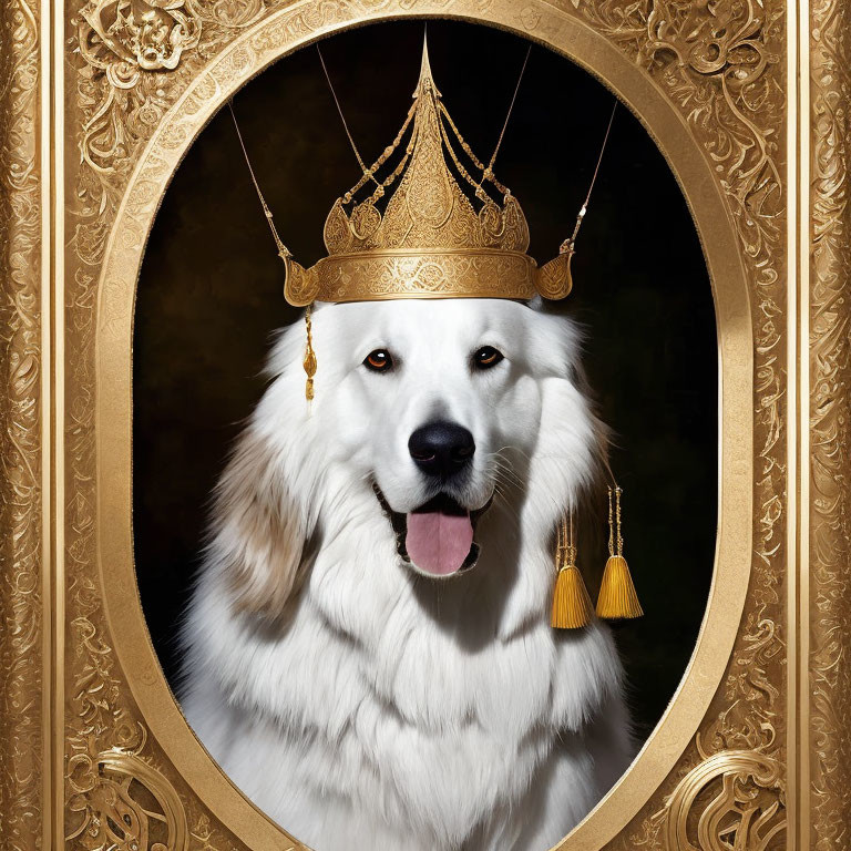 White Fluffy Dog Wearing Crown in Golden Frame