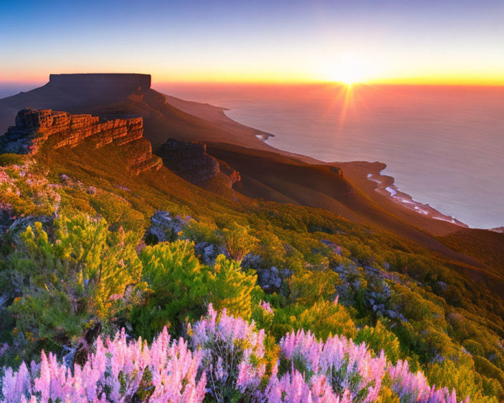 Vibrant purple flowers in sunrise landscape with ocean view